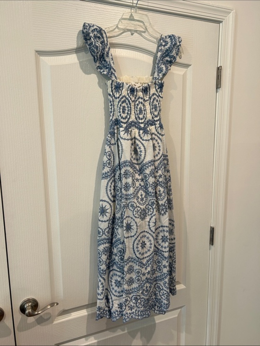 Goodnight Macaroon White Midi Dress with Blue Medallion Pattern